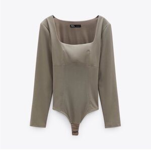Zara Square Neck Long Sleeve Bodysuit in Taupe Khaki Size XS